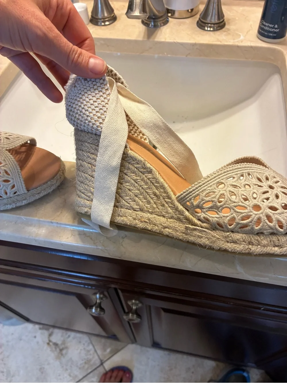 Lace-Cut Cream Espadrille Ankle-Tie Wedge Sandals